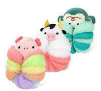 PHOGARY Lot de 3 Fleur de Douche Lavable pour Enfants, Fleur de Bain Adorables pour le Corps, Pouf de Douche en Forme d'Animal Éponges Luffa, Gommage pour le Corps Éponge en Maille pour Enfants-B