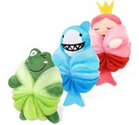 PHOGARY Lot de 3 Fleur de Douche Lavable pour Enfants, Fleur de Bain Adorables pour le Corps, Pouf de Douche en Forme d'Animal Éponges Luffa, Gommage pour le Corps Éponge en Maille pour Enfants-A