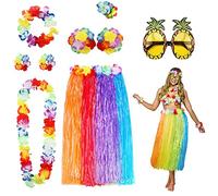PHOGARY Lot de 8 jupes Hula Kit d'accessoires de costume pour fête hawaïenne Luau - Hula dansante avec haut de bikini floral, Lei hawaïen, pince à cheveux hibiscus et lunettes de soleil pour femme (arc-en-ciel)