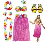 PHOGARY Lot de 8 jupes Hula pour fête hawaïenne Luau - Haut de bikini à fleurs, Lei hawaïen, pince à cheveux hibiscus, lunettes de soleil ananas pour femme (rose)