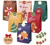 PHOGARY Sac Cadeau Noel Papier Kraft, Lot de 18 Pochette Cadeau Noel avec Autocollants D'étiquettes, Petit Sac Noël Sac a Bonbon Noël pour Enfants, Sac Emballage Noël pour les Salles de Classe B