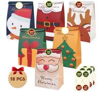 PHOGARY Sac Cadeau Noel Papier Kraft, Lot de 18 Pochette Cadeau Noel avec Autocollants D'étiquettes, Petit Sac Noël Sac a Bonbon Noël pour Enfants, Sac Emballage Noël pour les Salles de Classe A