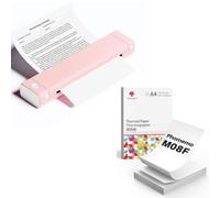 Phomemo Imprimante Portable A4 M08F Rose Blanc avec 200 Feuilles de Papier Thermique A4 Plié, Imprimante Mobile Bluetooth sans Fil pour Voyages, Voiture, Bureau et Maison