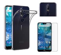 PHONILLICO Coque pour Nokia 7.1 + Verre Trempé Film Protection Ecran - Housse Etui Gel TPU Silicone Transparent Protection Souple Ultra Mince Anti Choc Vitre Ultra Resistant Protecteur Anti Rayure 9H