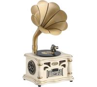 Phonographe Rétro, Tourne-Disque Vinyle Imitation Platine Vinyle BT avec Pavillon en Cuivre, Deux Haut-parleurs Haute-fidélité Intégrés, pour La Décoration De Bureau/Maison, White