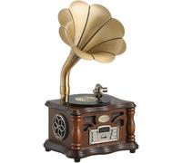 Phonographe Rétro, Tourne-Disque Vinyle Imitation Platine Vinyle BT avec Pavillon en Cuivre, Deux Haut-parleurs Haute-fidélité Intégrés, pour La Décoration De Bureau/Maison, Brown