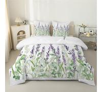 phonxia Couette 140x200 4 Saisons Fleurs Blanches Plante Lavande Imprimée pour Lit 1 Personne Réversible Légère, sans Housse Violet et Vert Edredon avec 2 Taies d'oreiller E24