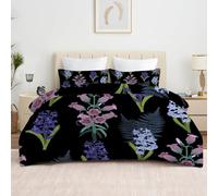 phonxia Couette 140x200 4 Saisons Fleurs Noires - Couette Réversible Imprimée Légère, sans Housse Motifs Floraux VéGéTaux - Duvet 2 Personnes et 2 Taies d'oreiller N6