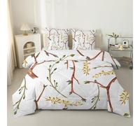 phonxia Couette 140x200 4 Saisons, Rameaux de Fleurs Bruns - Couette Réversible Imprimée Légère, sans Housse Feuilles et Branches d'arbre Blanc - Duvet 2 Personnes et 2 Taies d'oreiller 65x65 cm S11