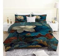 phonxia Couette 220x240 4 Saisons, Rétro Zen Nénuphars sans Housse Réversible Légère Imprimée Tempérée pour Lit 2 Personnes Lotus Bleu foncé - Edredon Duvet 240x220 avec 2 Taies d'oreiller 65x65 U135