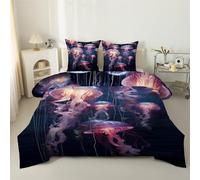 phonxia Couette 220x240 Imprimée Aquatique Océan - Couette 240x220 4 Saisons Réversible Imprimée Légère, sans Housse Bleu Méduse - Édredon Douce et 2 Taies d'oreiller 65x65 cm S192