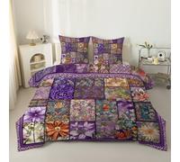 phonxia Couette Imprimée Fleurs en Patchwork Motif Luxueux 220x240 pour 2 Personnes Réversible - Edredon 240x220 4 Saisons Violet Legere Imprimée et Chaude avec 2 Taies d'oreiller, E45