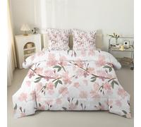 phonxia Couette Imprimée Fleurs Motif Feuilles et Plantes 140x200 pour 1 Personne Réversible 4 Saisons Rose et Blanc Edredon Legere et Chaude avec 2 Taies d'oreiller E21
