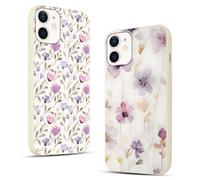Phoona 2 Pièces Coque pour iPhone 12 Mini 5,4'', Étui Souple TPU Aesthetic Fleur Violet Motif Dessin Durable Fine Silicone Housse de Antichoc Anti-Rayures Camera Protection Cover pour Fille