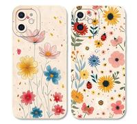 Phoona 2 Pièces Coque pour iPhone 12 Mini 5,4'', Étui Souple TPU Aesthetic Motif Dessin Durable Fine Blanc Silicone Housse de Antichoc Anti-Rayures Camera Protection Cover pour Fille, Fleur08