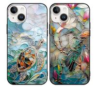 Phoona 2 Pièces Coque pour iPhone 13 Mini 5.4",Étui Souple TPU Aesthetic Motif Dessin Durable Fine Silicone Housse Antichoc Anti-Rayures Camera Protection Cover pour Fille,Tortue Oiseau W