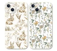 Phoona 2 Pièces Coque pour iPhone 13 Mini 5,4'', Étui Souple TPU Aesthetic Motif Dessin Durable Fine Silicone Housse de Antichoc Anti-Rayures Camera Protection Cover pour Fille, Blanc-Lapin