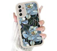 Phoona Coque Étui Cover Case Housse pour Samsung Galaxy A54 5G 6.4", Motif Vitrail Fleurs Bleues Bord Doré Silicone Antichoc Aesthetic Protection Objectif Anti-poussière Anti-Rayures Rose