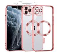 Phoona Coque Magnétique pour iPhone 11 Pro avec 2 Pièces Verre Trempé, Compatible avec MagSafe, Résistante aux Rayures, Résistante aux Chocs, Mince et Transparente, Rose