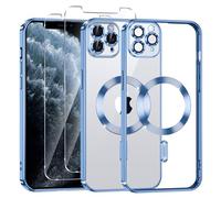 Phoona Coque Magnétique pour iPhone 11 Pro Max avec 2 Pièces Verre Trempé, Compatible avec MagSafe, Protection Militaire, Résistante aux Rayures, Résistante aux Chocs, Mince et Transparente, Bleu