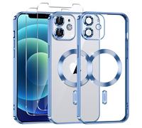 Phoona Coque Magnétique pour iPhone 12 avec 2 Pièces Verre Trempé, Compatible avec MagSafe, Protection Militaire, Résistante aux Rayures, Résistante aux Chocs, Mince et Transparente, Bleu