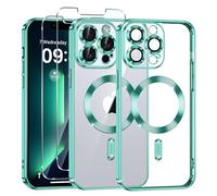 Phoona Coque Magnétique pour iPhone 13 Pro avec 2 Pièces Verre Trempé, Compatible avec MagSafe, Résistante aux Rayures, Résistante aux Chocs, Mince et Transparente, Vert
