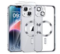 Phoona Coque Magnétique pour iPhone 14 avec 2 Pièces Verre Trempé, Compatible avec MagSafe, Résistante aux Rayures, Résistante aux Chocs, Mince et Transparente, Argenté