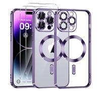 Phoona Coque Magnétique pour iPhone 14 Pro Max avec 2 Pièces Verre Trempé, Compatible avec MagSafe, Protection Militaire, Résistante aux Rayures, Résistante aux Chocs, Mince et Transparente, Violet