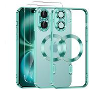 Phoona Coque Magnétique pour iPhone 16 Plus avec 2 Pièces Verre Trempé, Compatible avec MagSafe, Résistante aux Rayures, Résistante aux Chocs, Mince et Transparente, Vert