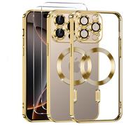 Phoona Coque Magnétique pour iPhone 16 Pro avec 2 Pièces Verre Trempé, Compatible avec MagSafe, Protection Militaire, Résistante aux Rayures, Résistante aux Chocs, Mince et Transparente, Or