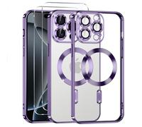 Phoona Coque Magnétique pour iPhone 16 Pro avec 2 Pièces Verre Trempé, Compatible avec MagSafe, Résistante aux Rayures, Résistante aux Chocs, Mince et Transparente, Violet