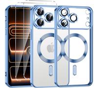Phoona Coque Magnétique pour iPhone 17 Pro avec 2 Pièces Verre Trempé, Compatible avec MagSafe, Protection Militaire, Résistante aux Rayures, Résistante aux Chocs, Mince et Transparente, Bleu