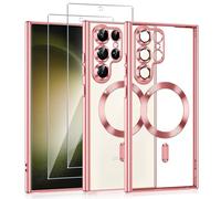 Phoona Coque Magnétique pour Samsung Galaxy S23 Ultra 5G avec 2 Pièces Verre Trempé, Compatible avec MagSafe, Résistante aux Rayures, Résistante aux Chocs, Mince et Transparente, Rose