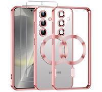Phoona Coque Magnétique pour Samsung Galaxy S24 5G avec 2 Pièces Verre Trempé, Compatible avec MagSafe, Résistante aux Rayures, Résistante aux Chocs, Mince et Transparente, Rose