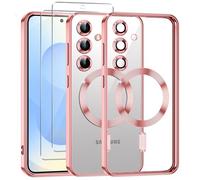 Phoona Coque Magnétique pour Samsung Galaxy S25 5G avec 2 Pièces Verre Trempé, Compatible avec MagSafe, Résistante aux Rayures, Résistante aux Chocs, Mince et Transparente, Rose
