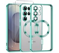 Phoona Coque Magnétique pour Samsung Galaxy S25 Ultra 5G avec 2 Pièces Verre Trempé, Compatible avec MagSafe, Résistante aux Rayures, Résistante aux Chocs, Mince et Transparente, Vert