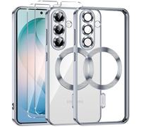 Phoona Coque Magnétique pour Samsung Galaxy S26 Plus 5G avec 2 Pièces Verre Trempé,Compatible avec MagSafe,Protection Militaire,Résistante aux Rayures,Résistante aux Chocs,Mince Transparente,Argenté