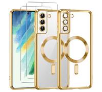 Phoona Coque Magnétique pour Samsung S21 FE 5G avec 2 Pièces Verre Trempé, Compatible avec MagSafe, Résistante aux Rayures, Résistante aux Chocs, Mince et Transparente, Or