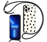 Phoona Coque pour iPhone 14/iPhone 13 6.1",Compatible avec Recharge sans Fil,Étui Aesthetic Motif d'Étoiles Noires Fond Beige,Cover Case avec Cordon Corde Bandoulière,Housse Collier Noir