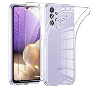 Phoona Coque pour Samsung Galaxy A32 4G avec 2 Pièces Protection Écran en Verre Trempé,Ultra Transparente Silicone en Gel TPU Souple pour Samsung A32 4G Couqe,Antichoc Anti-Jaune Etui Bumper