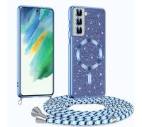 Phoona Coque pour Samsung Galaxy S21 FE 5G avec Cordon, Etui à Paillettes Compatible avec MagSafe, Antichoc Protection Coque pour Magnétique avec Réglable Collier, Bleu