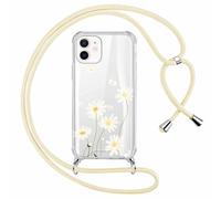 Phoona Cordon de Coque pour iPhone 12 Pro/12 6,1'', Aesthetic Motif Design Transparente Hard PC Bumper Cover avec Laniere Accroché Autour Blanc Cassé Collier Réglable Housse Antichoc Case, Fleur07