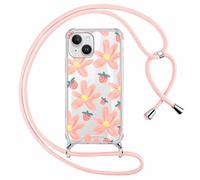 Phoona Cordon de Coque pour iPhone 13 Mini 5,4'', Aesthetic Fleur Motif Design Transparente Hard PC Bumper Cover avec Laniere Accroché Autour Collier Réglable Housse Antichoc Protection Case, Rose02