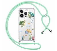 Phoona Cordon de Coque pour iPhone 13 Pro 6,1'', Aesthetic Tortue Motif Design Transparente Hard PC Bumper Cover avec Laniere Accroché Autour Collier Réglable Housse Antichoc Protection Case, Vert04