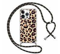 Phoona Cordon de Coque pour iPhone 15 Pro 6,1'', Aesthetic Léopard Motif Design Transparente Hard PC Bumper Cover avec Laniere Accroché Autour Collier Réglable Housse Antichoc Protection Case, Or Noir
