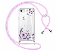 Phoona Cordon de Coque pour iPhone 7/8/iPhone SE 2022/2020 4,7'', Aesthetic Butterfly Motif Design Transparente Hard PC Cover avec Laniere Accroché Autour Collier Réglable Housse Antichoc Case, Violet