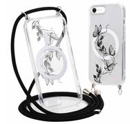 Phoona Cordon de Coque pour iPhone 7/8/iPhone SE 2022/2020 4,7'', Aesthetic Butterfly Motif Magnétique Transparente PC Compatibilité avec MagSafe Cover avec Laniere Accroché Housse Antichoc Case, Noir