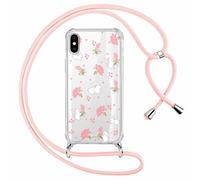 Phoona Cordon de Coque pour iPhone X/XS 5,8'', Aesthetic Motif Design Transparente Hard PC Bumper Cover avec Laniere Accroché Autour Collier Réglable Housse Antichoc Protection Caméra Case, Lapin-Rose