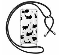 Phoona Cordon de Coque pour iPhone XR 6,1'', Aesthetic Motif Design Transparente Hard PC Bumper Cover avec Laniere Accroché Autour Noir Collier Réglable Housse Antichoc Protection Caméra Case, Chat