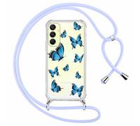 Phoona Cordon de Coque pour Samsung Galaxy A22 5G 6,6'', Aesthetic Butterfly Motif Design Transparente Hard PC Bumper Cover avec Laniere Accroché Autour Collier Réglable Housse Antichoc Case, Bleu